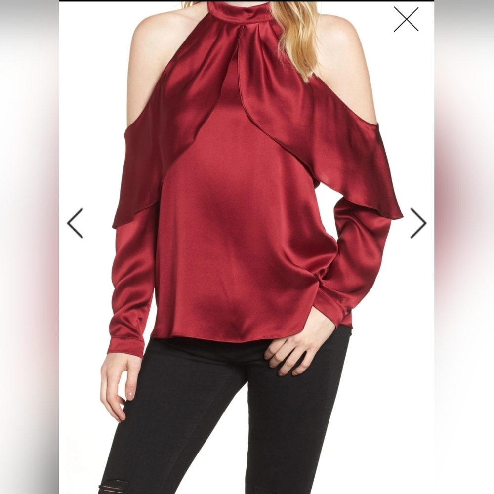 Parker Sonelle Mock-Neck Cold-Shoulder Silk Satin Blouse Color Black - Picture 3 of 9